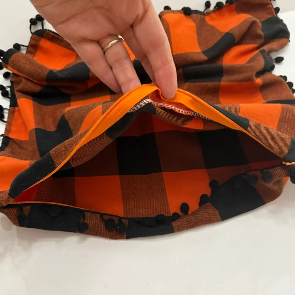 2-Pillow covers w/fringe black and orange plaid 19